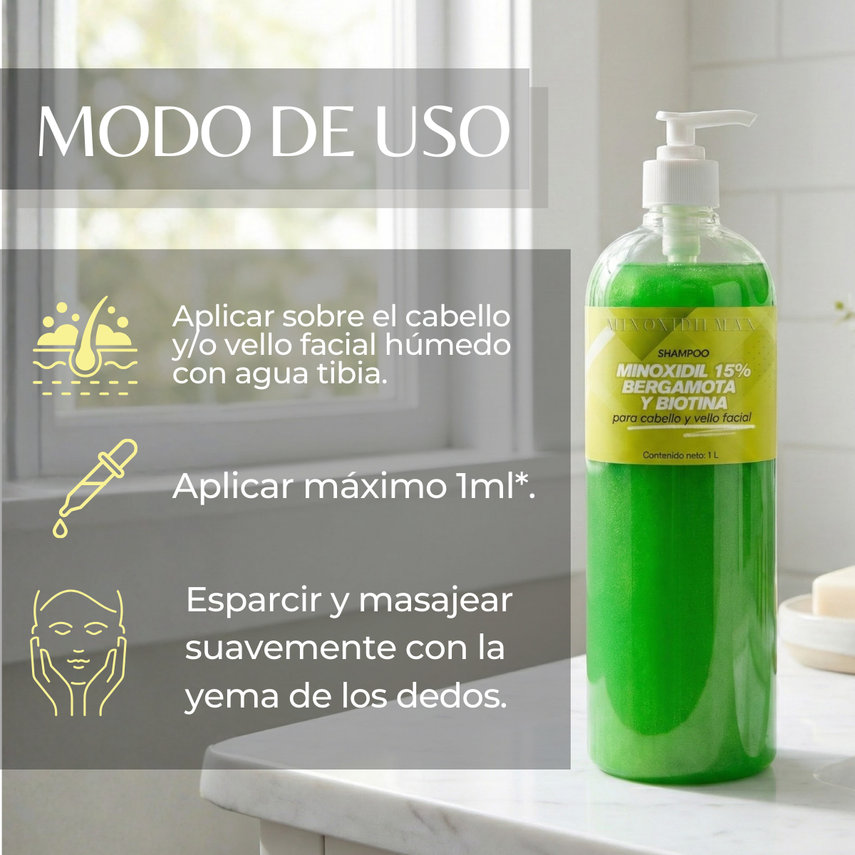 Shampoo Minoxidil 15% + Bergamota + Biotina para Cabello Y Barba