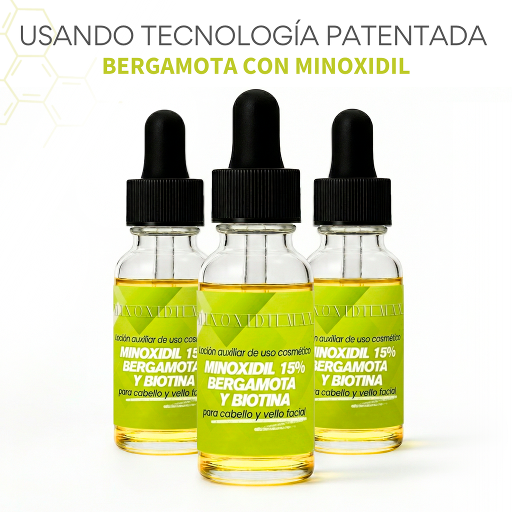 Loción Minoxidil 15% + Bergamota + Biotina Para Cabello Y Barba 3 piezas