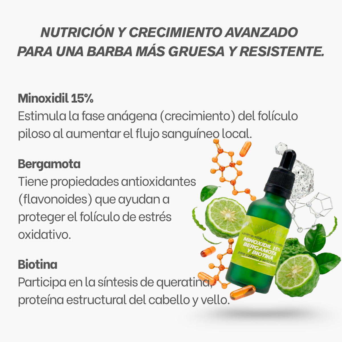Loción Minoxidil 15% + Bergamota + Biotina Para Barba 50ml