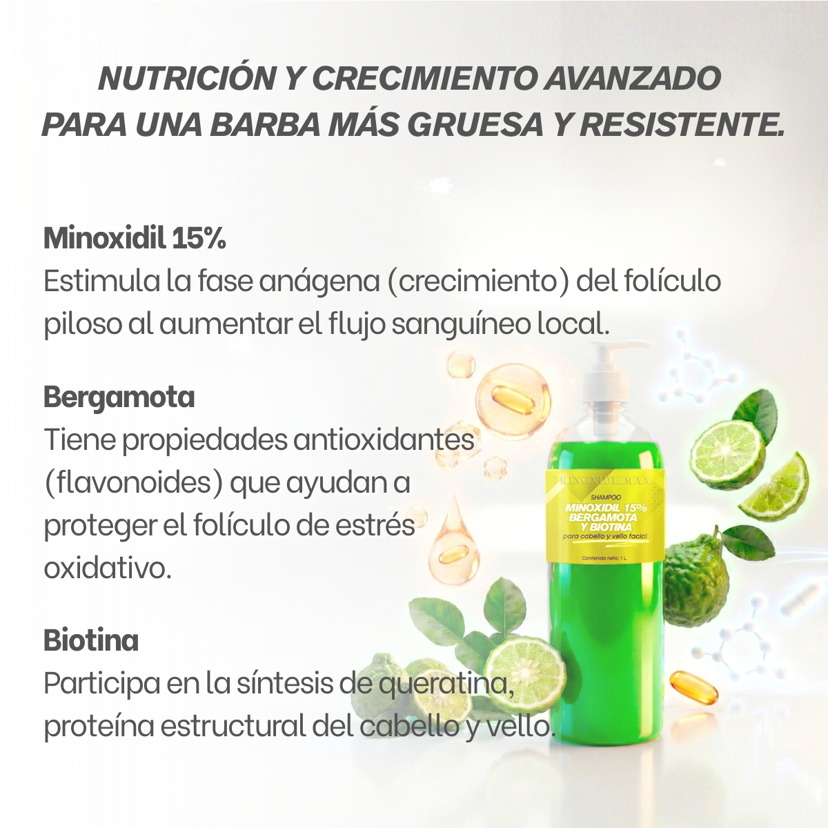 Shampoo Minoxidil 15% + Bergamota + Biotina para Cabello Y Barba