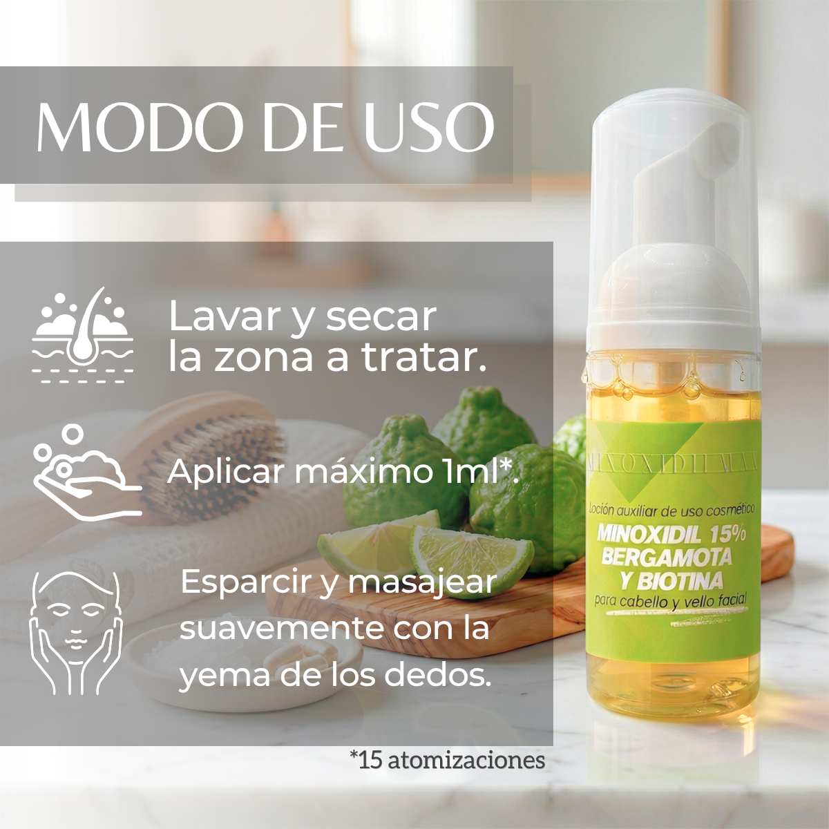 Espuma Minoxidil 15% + Bergamota + Biotina Para Barba 50ml