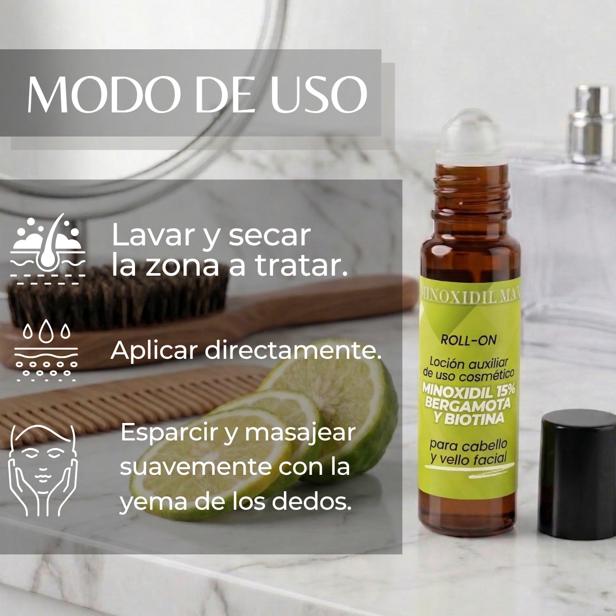 Roll-On Minoxidil 15% + Bergamota + Biotina Para Barba 25ml