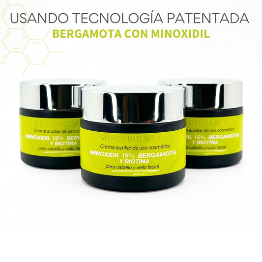 Crema Minoxidil 15% + Bergamota + Biotina para Cabello Y Barba kit 3