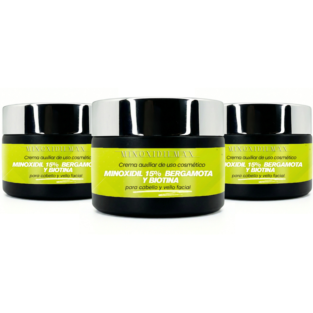 Crema Minoxidil 15% + Bergamota + Biotina para Cabello Y Barba kit 3