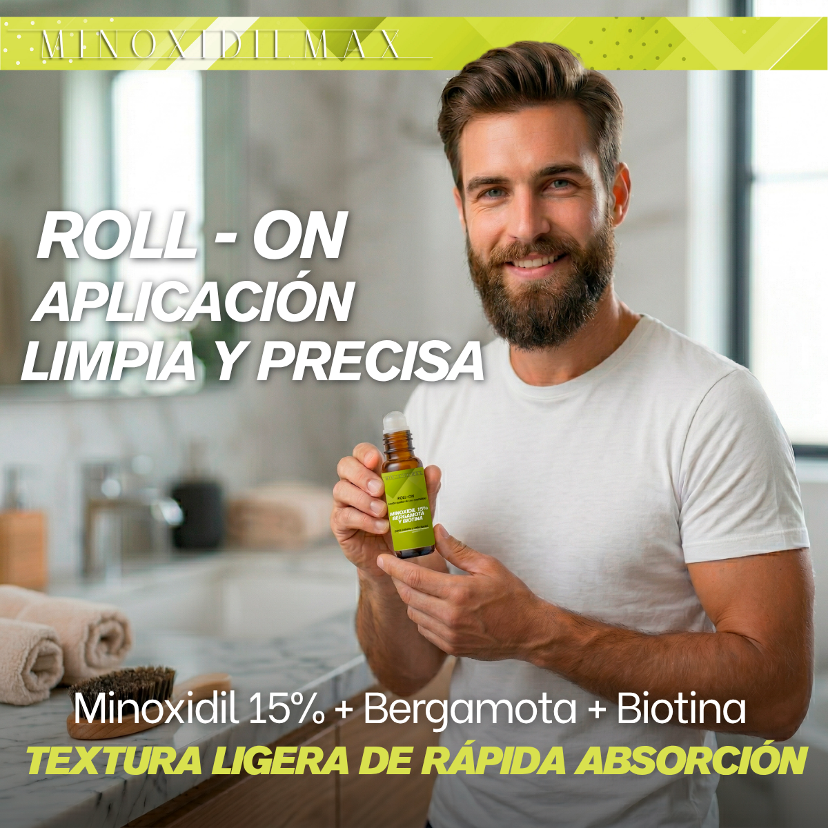 Roll-On Minoxidil 15% + Bergamota + Biotina Para Barba 25ml