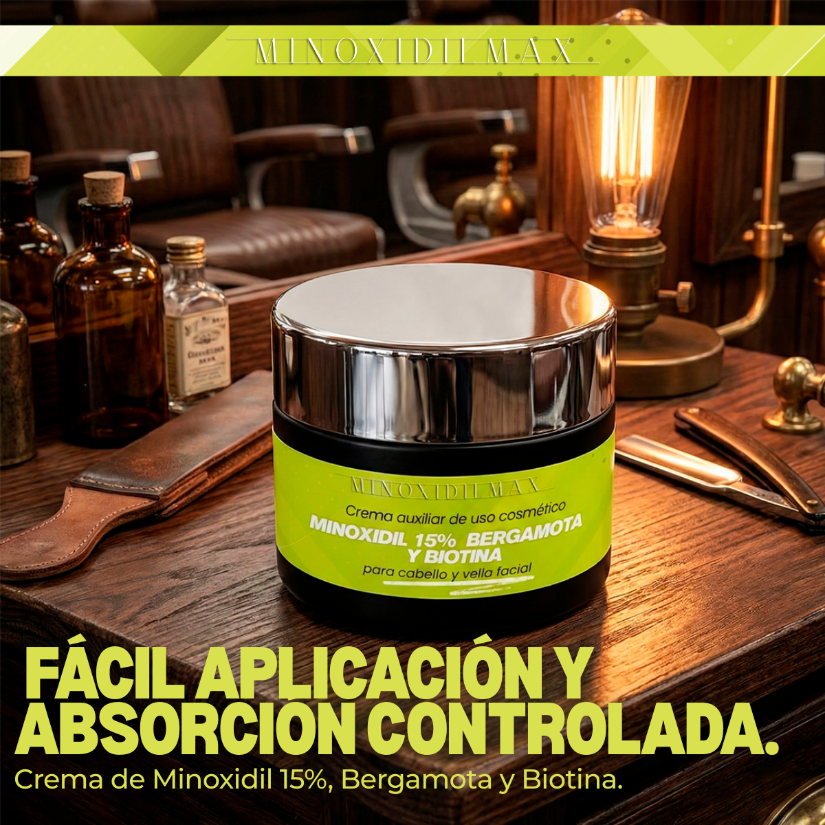 Crema Minoxidil 15% + Bergamota + Biotina para Cabello Y Barba