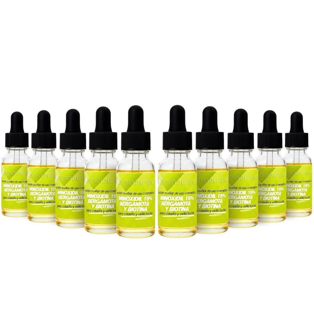 Loción Minoxidil 15% + Bergamota + Biotina Para Cabello Y Barba 10 piezas