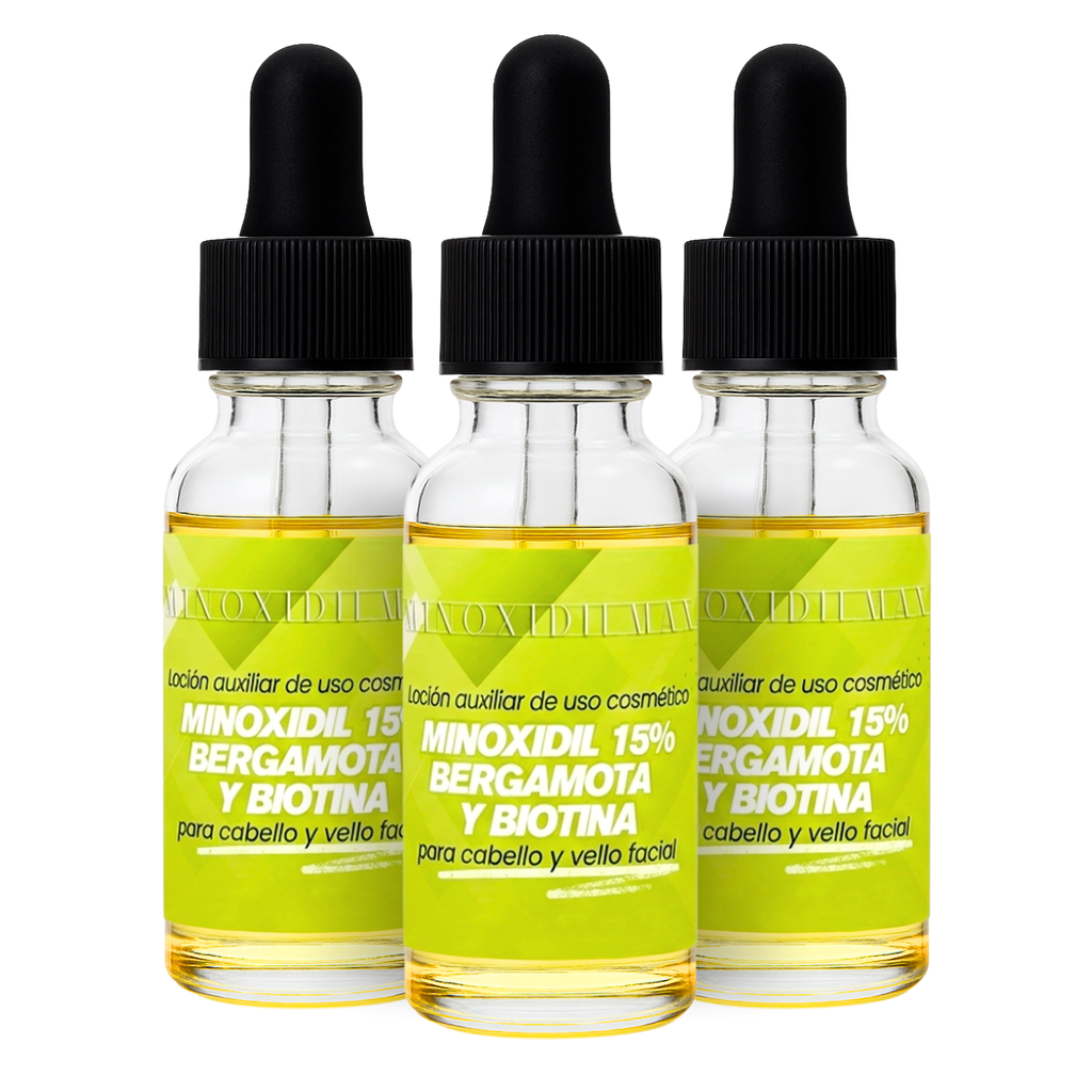 Loción Minoxidil 15% + Bergamota + Biotina Para Cabello Y Barba 3 piezas