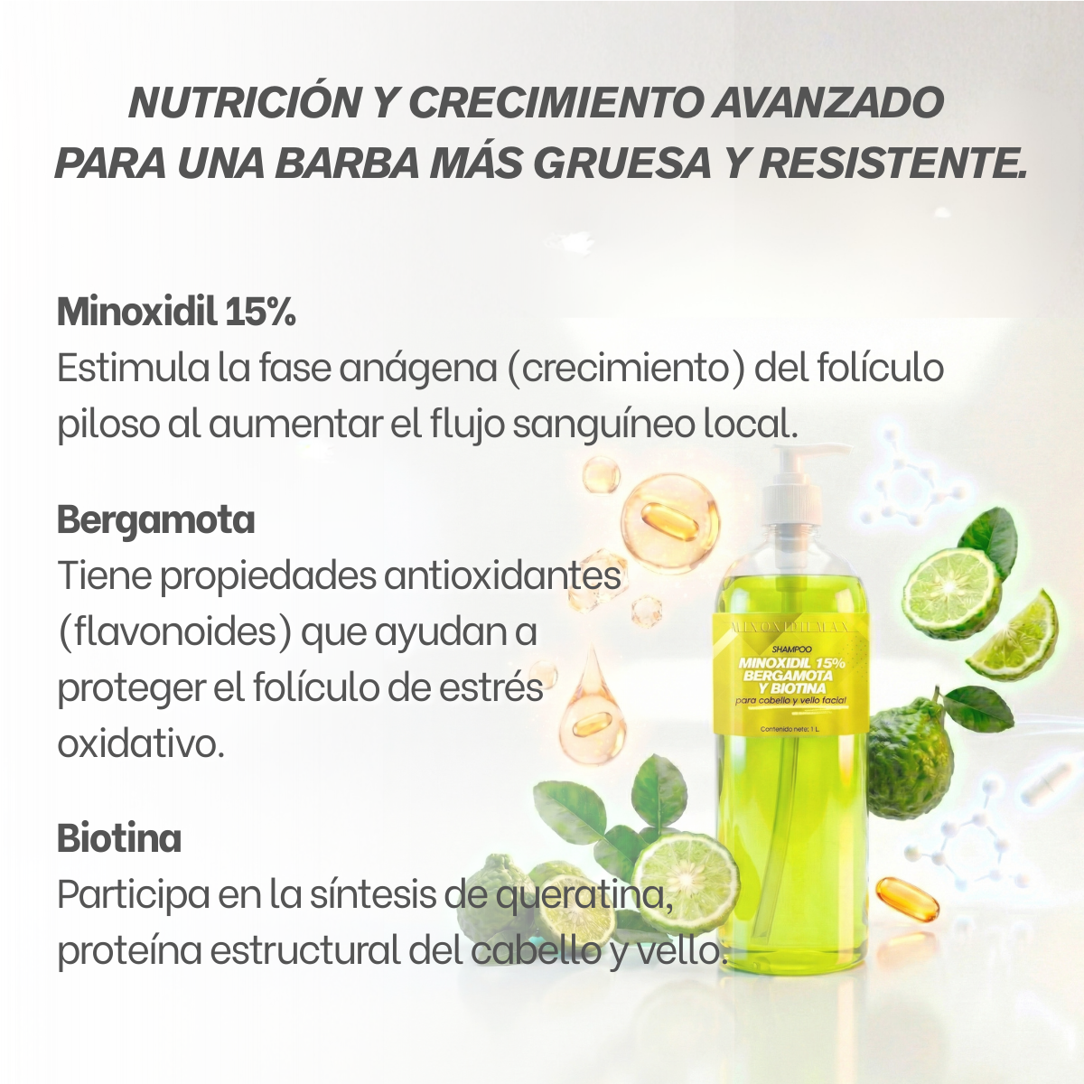 Shampoo Minoxidil 15% + Bergamota + Biotina para Cabello Y Barba